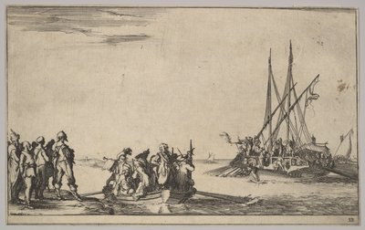 En roddbåt full av män i mitten, en grupp män som står på stranden till vänster, ett skepp fullt av ..., 1639. av Stefano della Bella