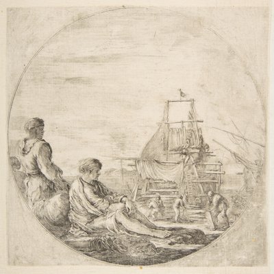 En sittande vit sjöman och en stående svart sjöman, människor som bygger ett skepp i bakgrunden..., ca. 1660. av Stefano della Bella