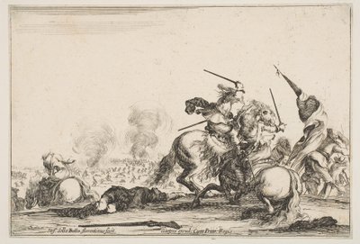 En skärmytsling, två ryttare som slåss med svärd till höger, män som bär en flagga runnin..., ca. 1645. av Stefano della Bella