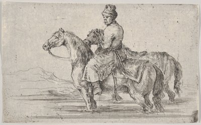 En betjänt som tar två hästar för att bada, sitter ovanpå en häst i en flod, den andra bredvid..., ca. 1662. av Stefano della Bella