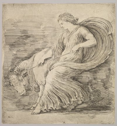 En kvinna i profil som drar sig tillbaka i ett rep knutet runt hornen på en ung tjur, ca. 1660. av Stefano della Bella