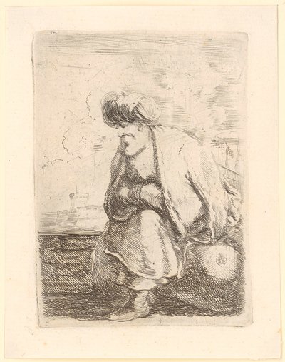 En äldre turk i rock och turban sitter på en sten av Stefano della Bella