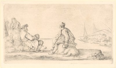 En äldre och en yngre sjöman sitter vid strandkanten av Stefano della Bella