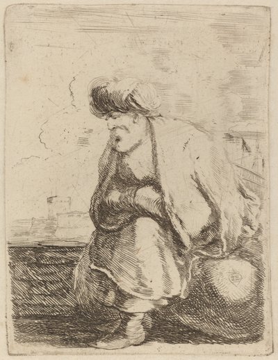 En gammal turk med turban som sitter på en sten av Stefano della Bella