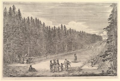 En allé med fontäner, en grupp människor, ur ”Vyer av villan i Pratolino” av Stefano della Bella