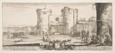 En ingång till en fästning i centrum, en kvinna med barn vid en eld till höger, sol..., ca. 1641. av Stefano della Bella