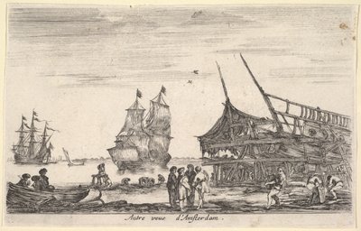 En annan vy av Amsterdam Autre vue dAmsterdam, en grupp på fyra män står i centrum på ..., 1647. av Stefano della Bella