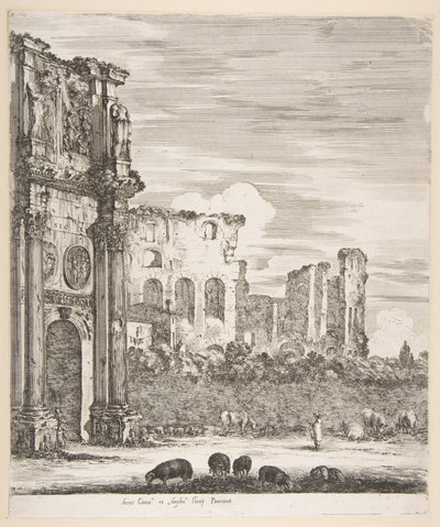 Konstantinbågen och Colosseum med får som betar i förgrunden, från Sex stora vyer..., 1656. av Stefano della Bella