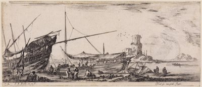 Lastning av olika fartyg: arbetare i en hamn och sex kanonpipor av Stefano della Bella