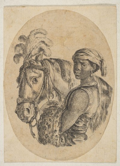 Svart slav bär ett leopardskinn och håller i tränsen på en häst, från Flera huvuden..., 1649-50. av Stefano della Bella
