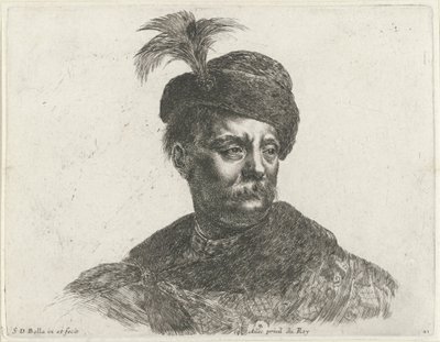 Byst av en polsk man med mustasch och hatt med plym Grunderna i ritning (serietitel) I principii del disegno (serietitel) av Stefano della Bella