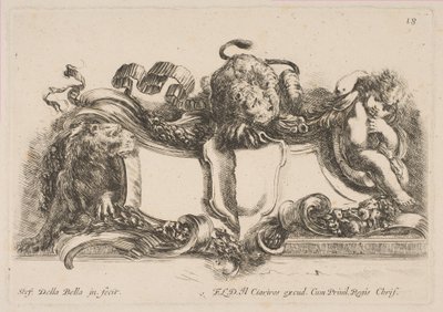 Kartusch innehållande en tom sköld befäst av ett lejon och inramad av ett lejon och ett barn, 1646. av Stefano della Bella
