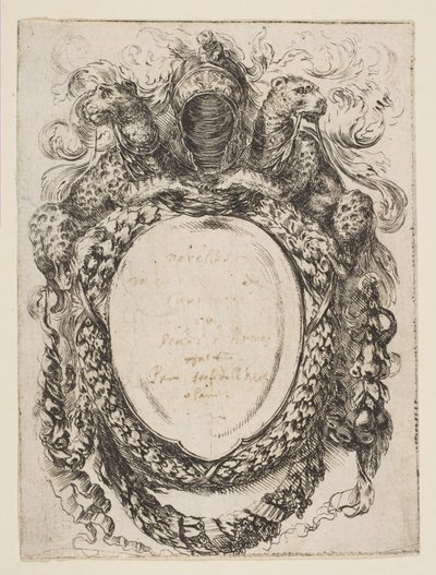 Kartusch krönt av hjälm och leoparder, 1647. av Stefano della Bella