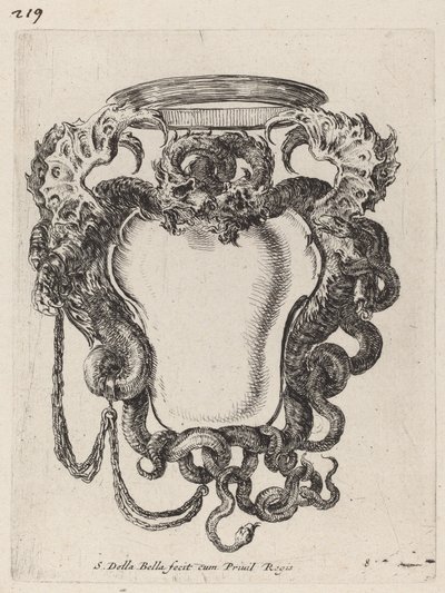 Kartusch flankerad av drakar, 1647. av Stefano della Bella