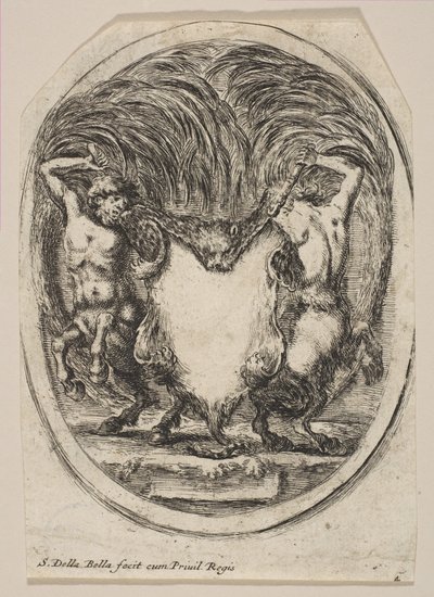 Kartusch formad av ett tigerskinn flankerat av två kentaurer, 1647. av Stefano della Bella