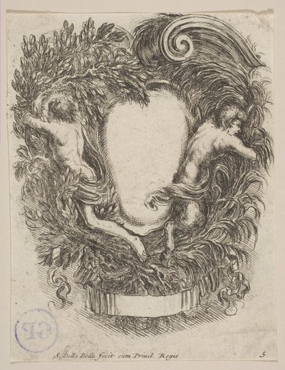Kartusch inramad av Apollo och Pan, 1647. av Stefano della Bella