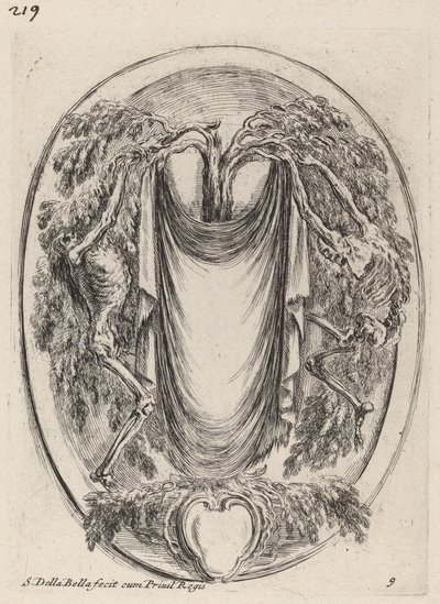 Kartusch i form av ett draperi upphängt från en cypress flankerad av skelett, 1647. av Stefano della Bella
