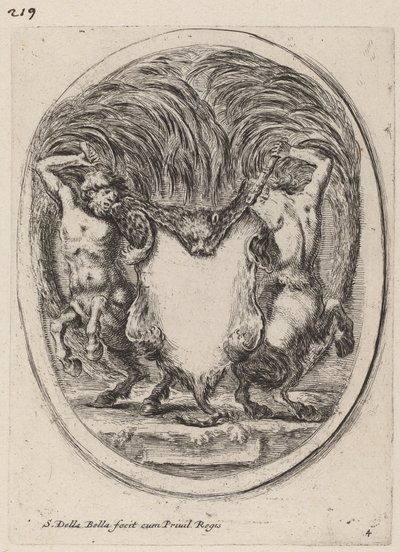 Kartusch i form av en flågad tiger med stöd av kentaurer, 1647. av Stefano della Bella