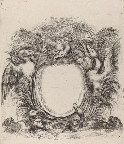 Kartusch med ankor och hundar, 1647. av Stefano della Bella