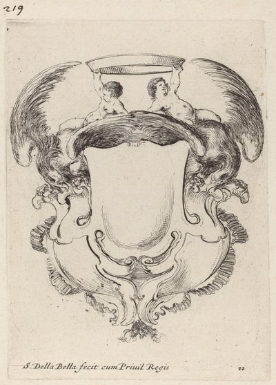 Kartusch med örnar och två spädbarn som håller en krona, 1647. av Stefano della Bella