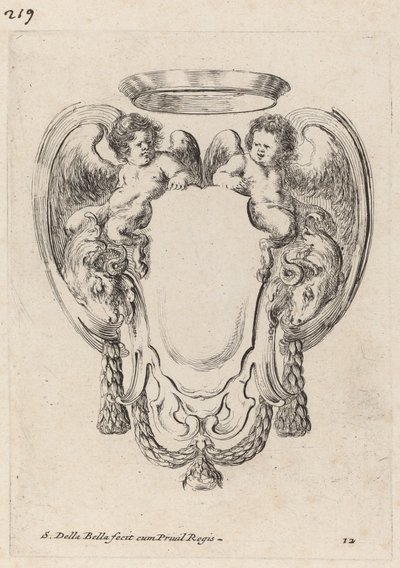 Kartusch med baggar och spädbarnssatyrer, 1647. av Stefano della Bella