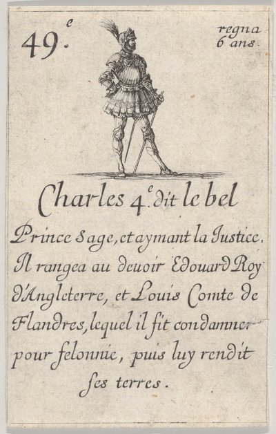 Charles 4.e- dit le bel Prince sage..., från Game of the Kings of France Jeu des Rois..., 1644. av Stefano della Bella
