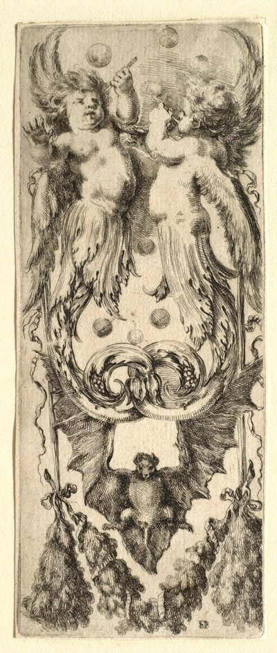 Putti som blåser bubblor, fladdermus och girlang av Stefano della Bella