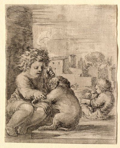 Barn som lär en hund att sitta på bakbenen av Stefano della Bella