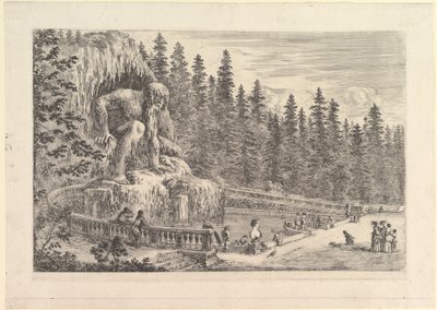 Kolossal staty av Appenino av Giambologna till vänster, representerad som en gigantisk crouchi..., ca. 1653. av Stefano della Bella