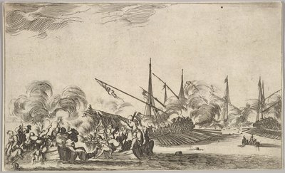 Strid mellan flera roddbåtar och fartyg, två grupper av män i roddbåtar som slåss till vänster..., 1639. av Stefano della Bella