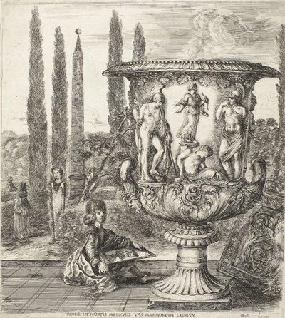 De unge Cosimo III de Medici tekent de Medici-vaas Rom, i trädgårdarna i Medici, en exceptionell marmor (titel på objekt) Gezichten op Rome och omgeving (serietitel) Sex grandes vues, dont quatre de Rome et deux de la Campagne romaine (serietitel) av Stefano della Bella
