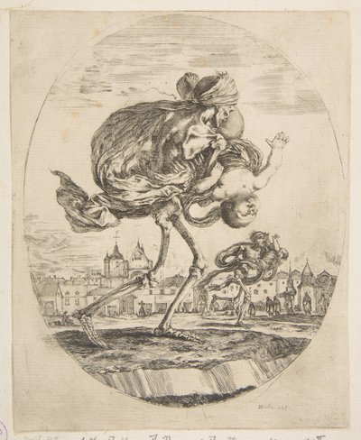 Död som bär ett spädbarn, från The five deaths Les cinq Morts, ca. 1648. av Stefano della Bella