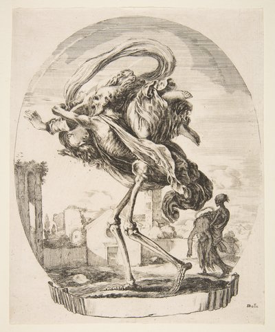 Död som bär bort en kvinna, från The five deaths Les cinq Morts, ca. 1648. av Stefano della Bella