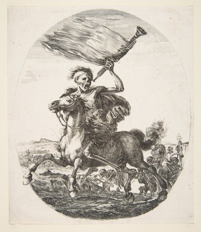 Döden på hästryggen med en trumpet, från The five deaths Les cinq Morts, ca. 1648. av Stefano della Bella