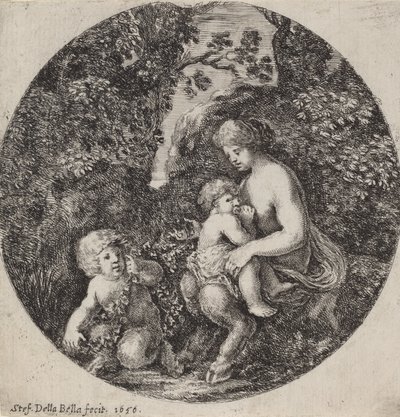 Kvinnlig Satyr som ammar ett barn i ett skogslandskap, 1656. av Stefano della Bella