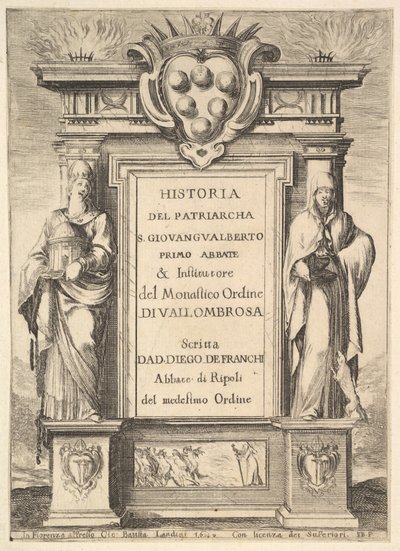 Frontispice: ett monument dekorerat med Medicis vapen överst i mitten, lågor a..., 1640. av Stefano della Bella