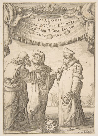 Frontispice för dialog av Galileo Galilei, 1632. av Stefano della Bella