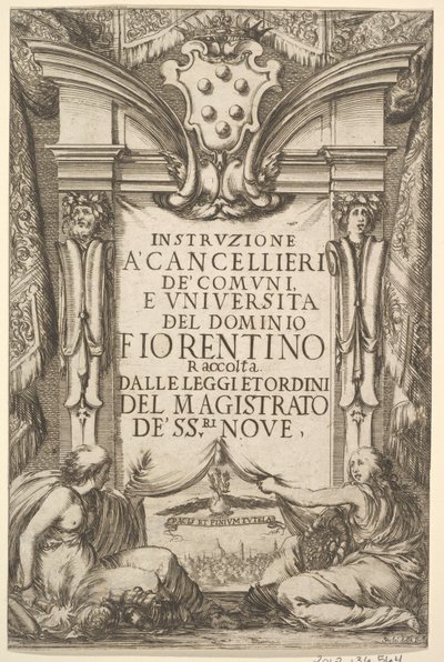 Frontispice för instruktioner för kansler Instruzione a Cancellieri: Medici coat ..., 1635. av Stefano della Bella