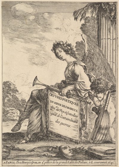 Frontispice för dikter av Desmarets Oeuvres poétiques de Desmarets: a winged woman rep..., 1641. av Stefano della Bella
