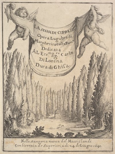 Frontispice för Cypressskogen La selva di cipressi: två putti håller en gobeläng i..., 1640. av Stefano della Bella