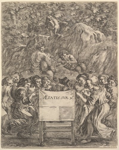 Frontispice för The Works of Scarron uvres de Scarron, poeten sittande i en stol..., 1649. av Stefano della Bella