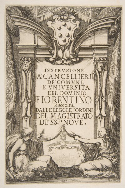Frontispice för Instruzione a Cancellieri, 1635. av Stefano della Bella