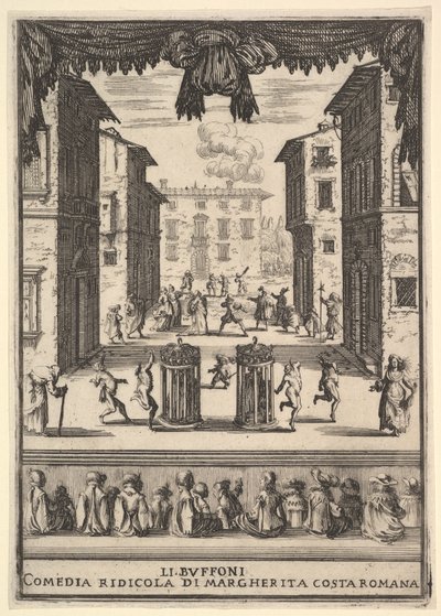 Frontispice för komedin The Buffoons Li Buffoni, en scenuppsättning som liknar en pu..., 1639-41. av Stefano della Bella