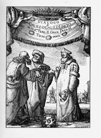 Frontispice av dialogen angående de två främsta världssystemen av Galileo Galilei, 1632 av Stefano della Bella