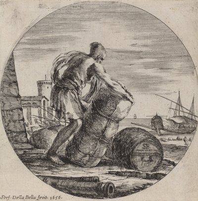 Galärslav som transporterar ett fartygs last, 1656. av Stefano della Bella