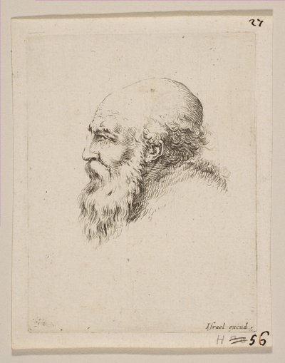 Chef för en skallig och skäggig gammal man i profil, från Various heads and figures Diverses ..., 1650. av Stefano della Bella