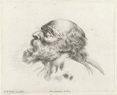 Huvudet på en skallig gubbe med skägg, i profil till vänster (möjligen St. Peter) Grunderna i ritning (serietitel) I principii del disegno (serietitel) av Stefano della Bella