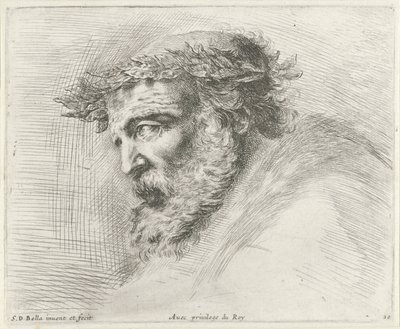 Huvud på en gammal man med skägg och lagerkrans, i profil till vänster Grunderna i ritning (serietitel) I principii del disegno (serietitel) av Stefano della Bella