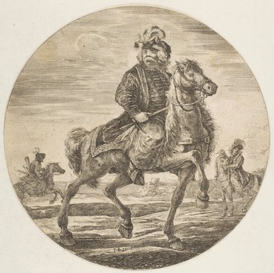 Ungersk ryttare rider åt höger, andra ryttare i bakgrunden, en cirku..., ca. 1651. av Stefano della Bella