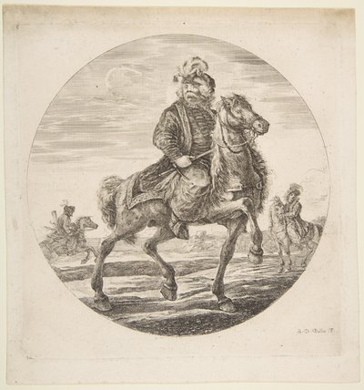 Ungersk ryttare rider åt höger, andra ryttare i bakgrunden, en cirku..., ca. 1651. av Stefano della Bella